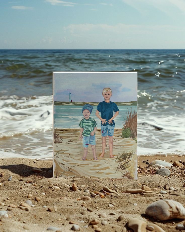 Painting of two boys, Ruben and Joshua, standing on a beach beside a lighthouse in Vejers, Denmark, propped up on the shoreline it depicts