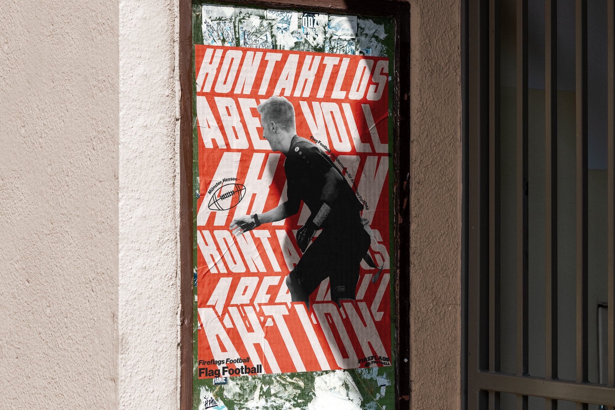 Fireflags Football flag football poster, wheatpasted on a street doorway